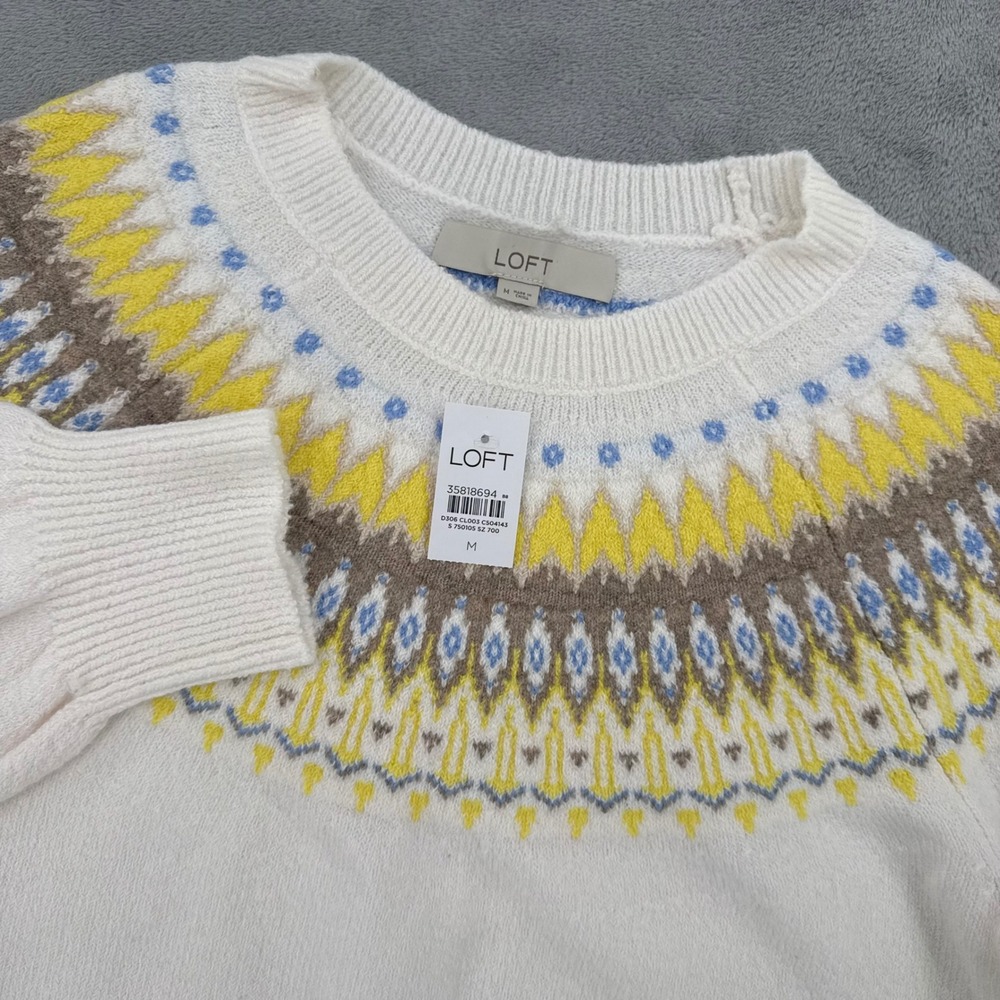 Loft Crewneck Sweater Womens Medium White Fair Isle Yellow Blue Strech NEW